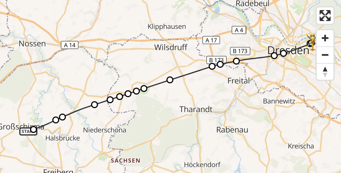 Flugroute Rettungshubschrauber Großschirma - Dresden University Hospital, 12 März 2026, 14:49