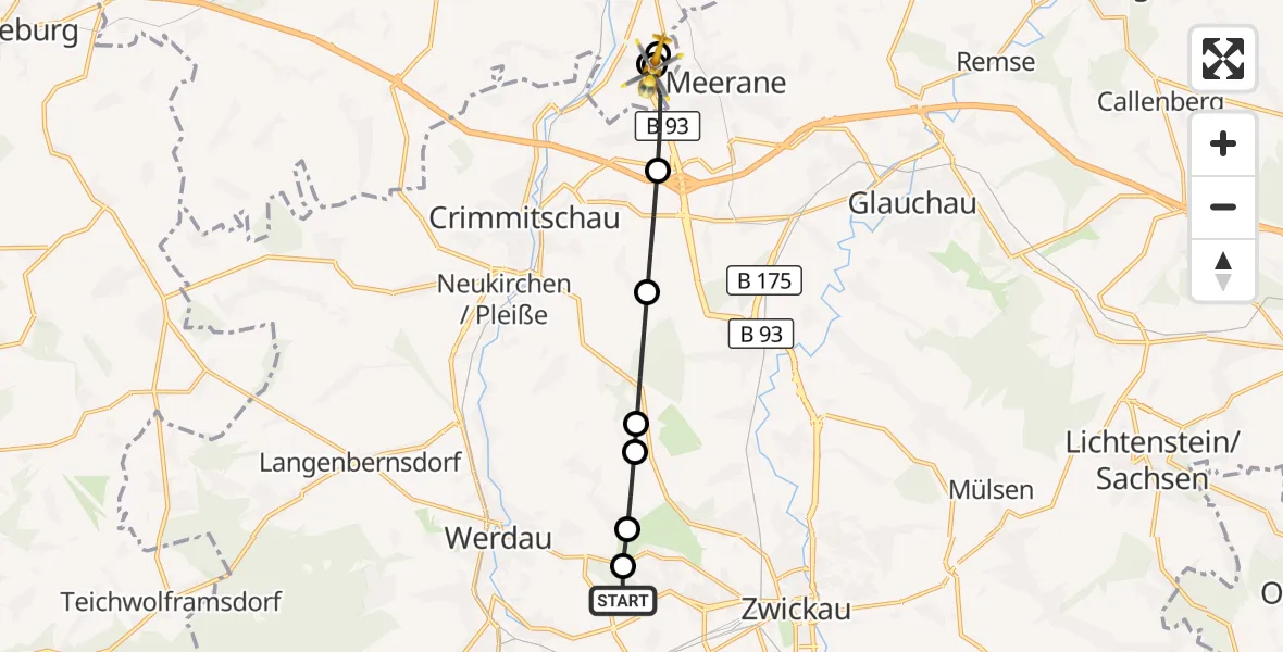 Flugroute Rettungshubschrauber ADAC Air Rescue Station Zwickau Heliport - Ponitz, 12 März 2026, 14:50