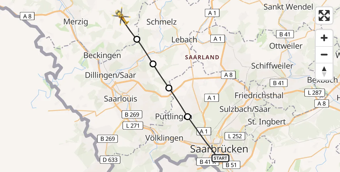 Flugroute Rettungshubschrauber Saarbrücken - Beckingen, 12 März 2026, 14:59