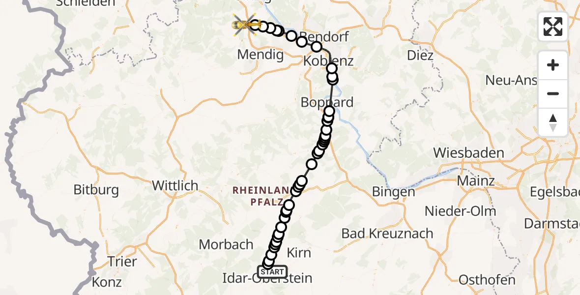 Flugroute Rettungshubschrauber Idar-Oberstein/Göttschied Airfield - Niederzissen, 12 März 2026, 14:59