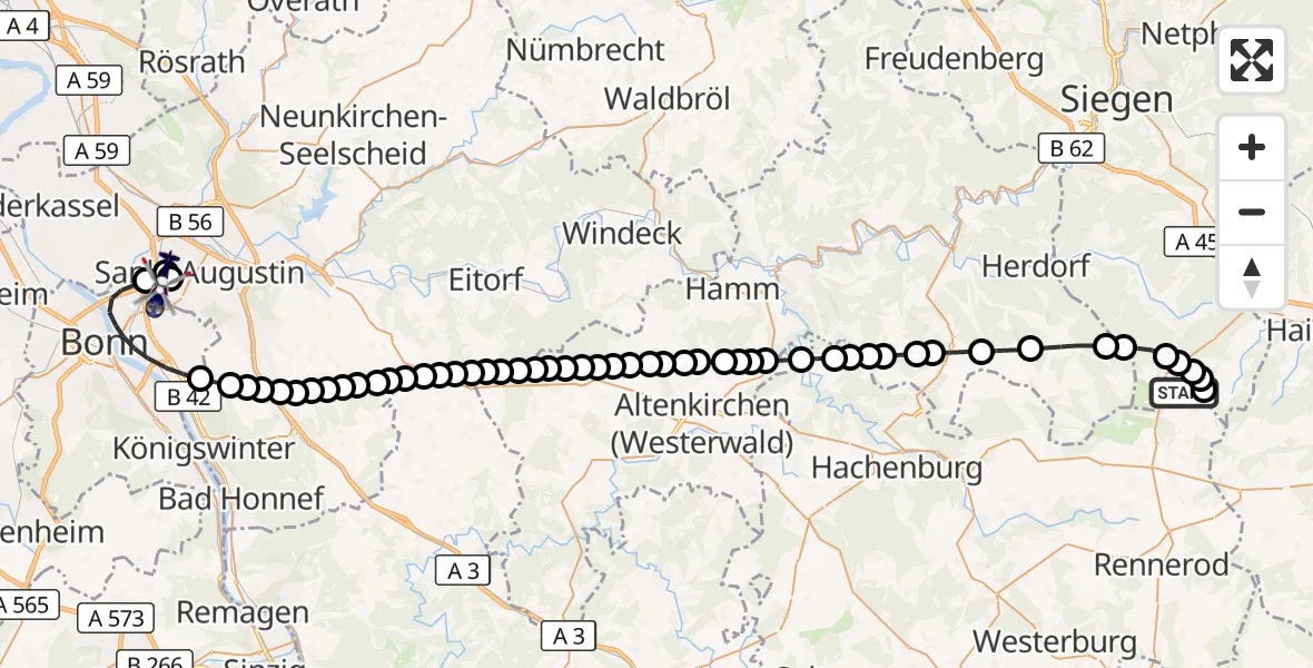 Flugroute Polizeihubschrauber Siegerland Airport - Sankt Augustin, 12 März 2026, 14:59
