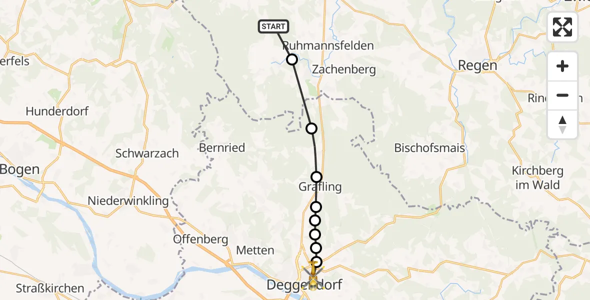 Flugroute Rettungshubschrauber Achslach - Kleinfilling, 12 März 2026, 15:05