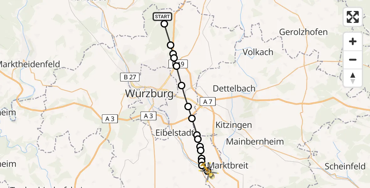 Flugroute Rettungshubschrauber Gramschatz - Ochsenfurt Hospital Heliport, 12 März 2026, 15:08