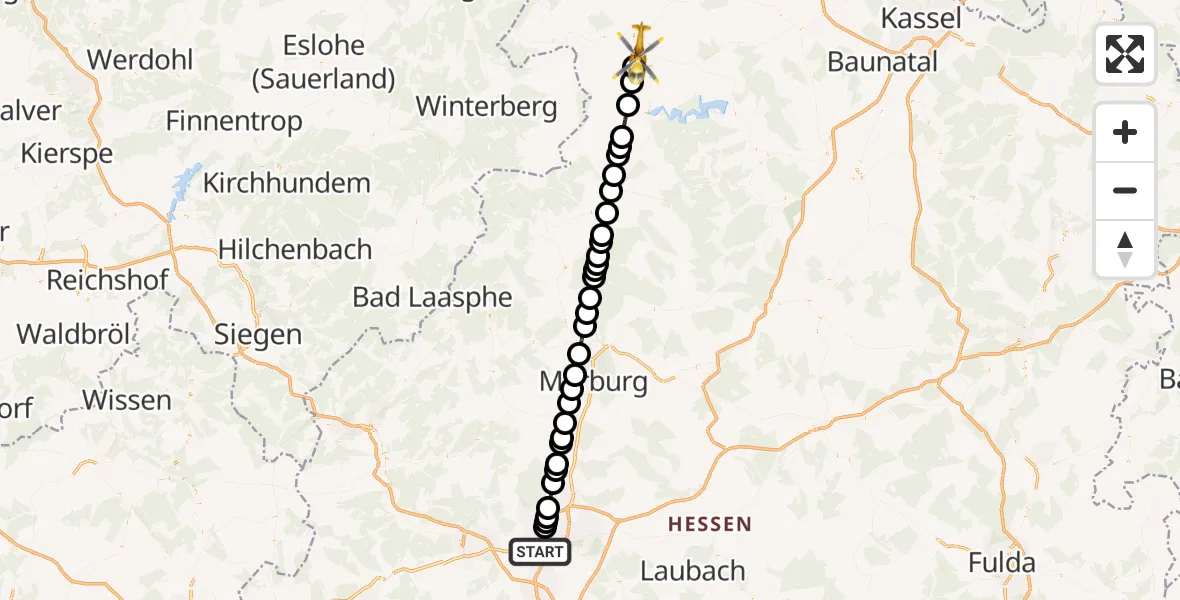 Flugroute Rettungshubschrauber Gießen - Korbach, 12 März 2026, 15:12