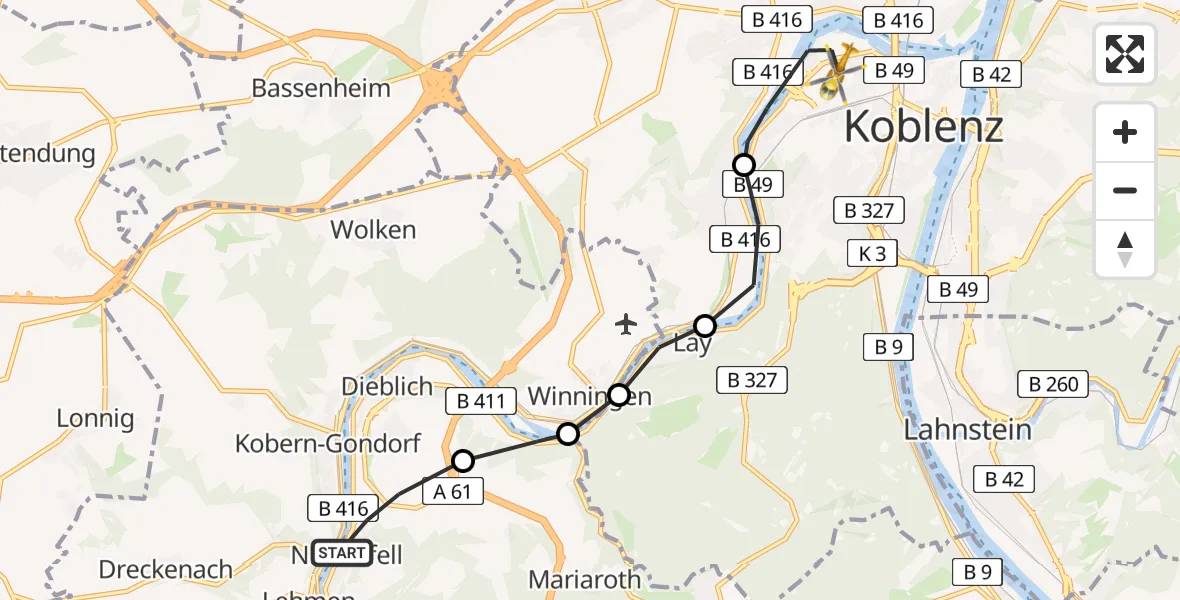 Flugroute Rettungshubschrauber Niederfell - Catholic Clinic Marienhof Koblenz Heliport, 12 März 2026, 15:12