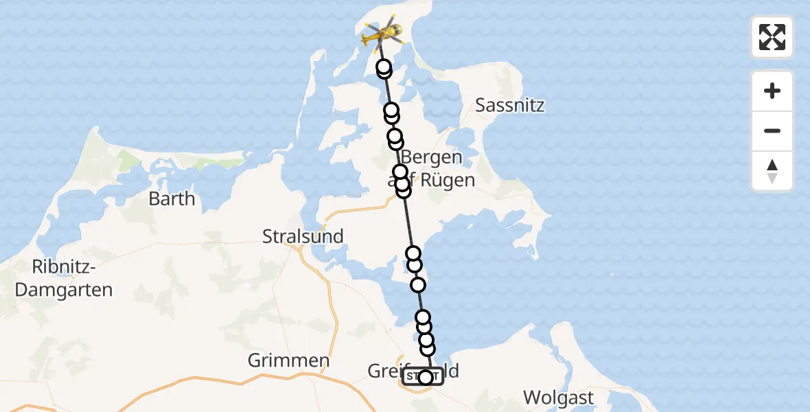 Flugroute Rettungshubschrauber Greifswald Hospital - Wiek, 12 März 2026, 15:15