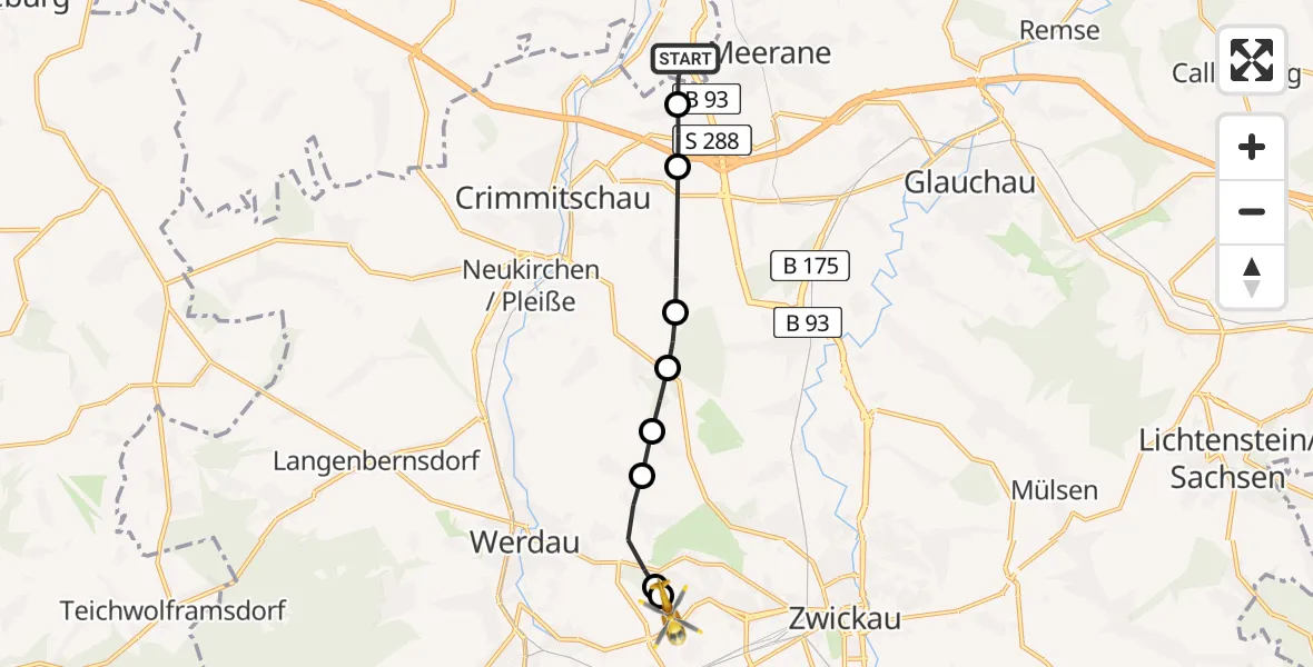 Routekaart van de vlucht: Rettungshubschrauber nach ADAC Air Rescue Station Zwickau Heliport