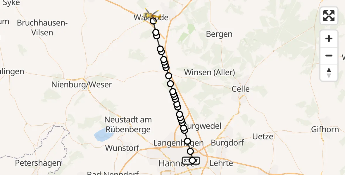 Flugroute Rettungshubschrauber Hannover Air Rescue Heliport (Christoph 4) - Walsrode, 12 März 2026, 15:17
