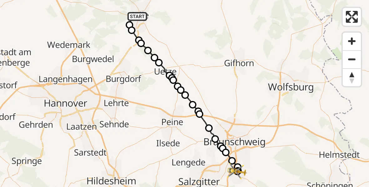 Routekaart van de vlucht: Rettungshubschrauber nach Wolfenbüttel Municipal Hospital Heliport (Christoph 30)