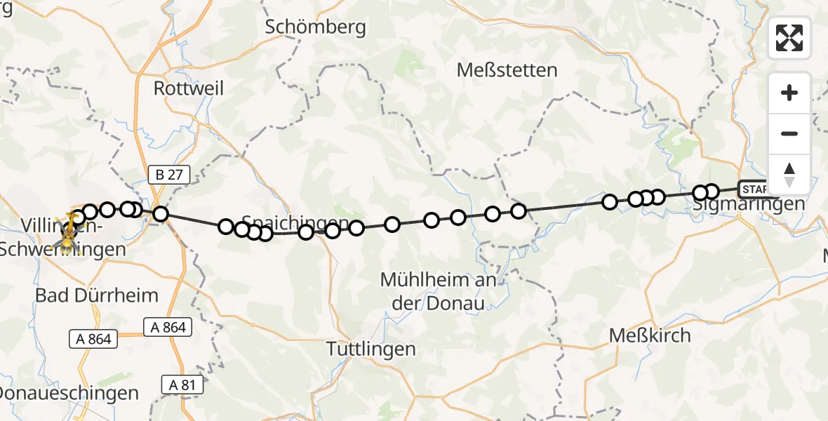 Flugroute Rettungshubschrauber Sigmaringen - DRF Air Rescue Station Villingen-Schwenningen Heliport (Christoph 11), 12 März 2026, 15:21