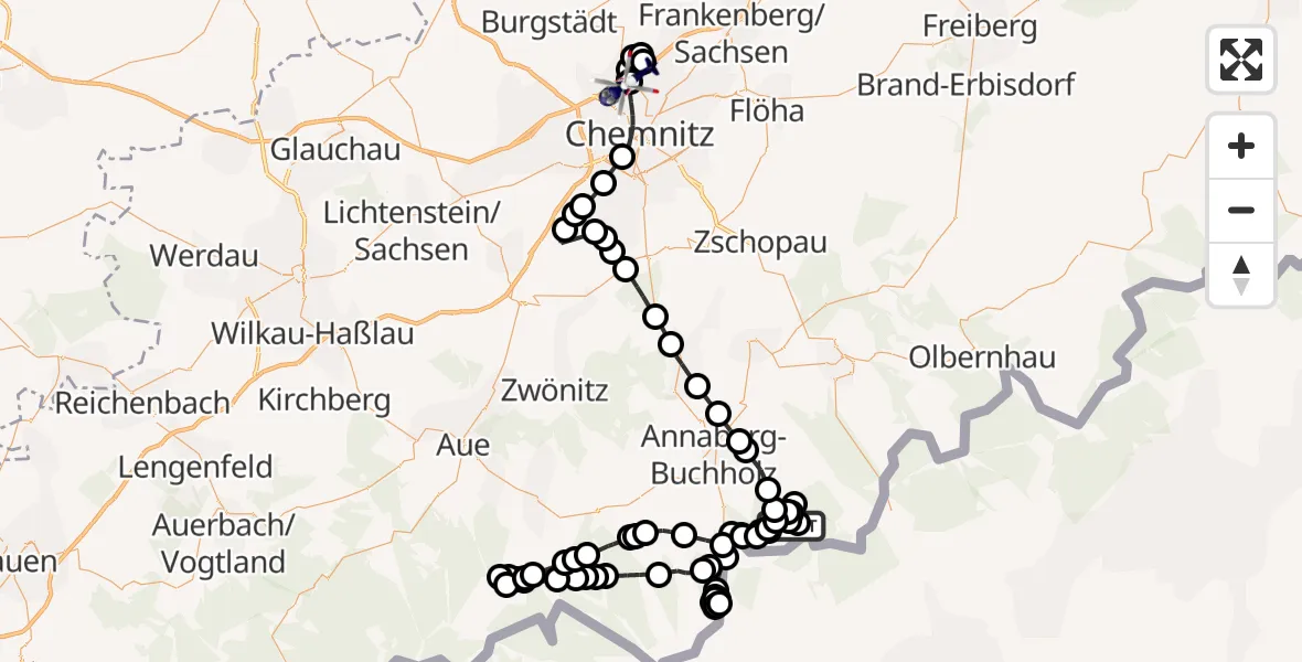Flugroute Polizeihubschrauber Jöhstadt - Chemnitz-Glösa Industrial Park Heliport, 12 März 2026, 15:20