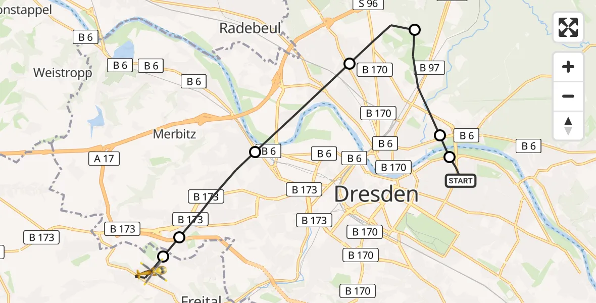 Flugroute Rettungshubschrauber Dresden University Hospital - Freital, 12 März 2026, 15:26