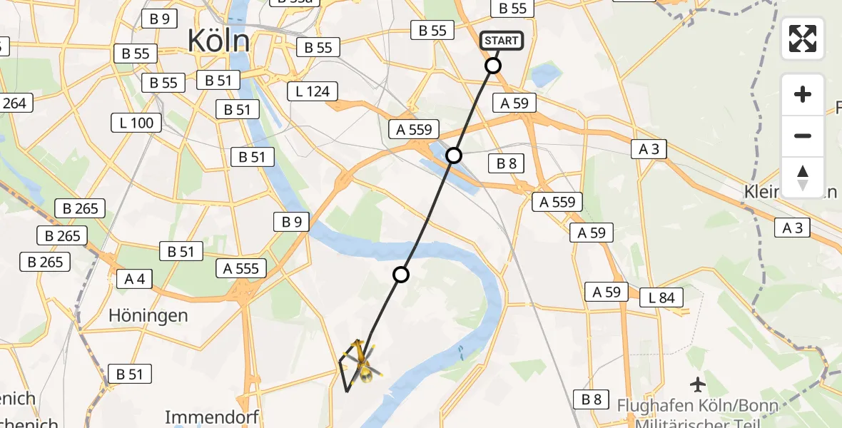 Flugroute Rettungshubschrauber Merheim Hospital - Rodenkirchen, 12 März 2026, 15:26