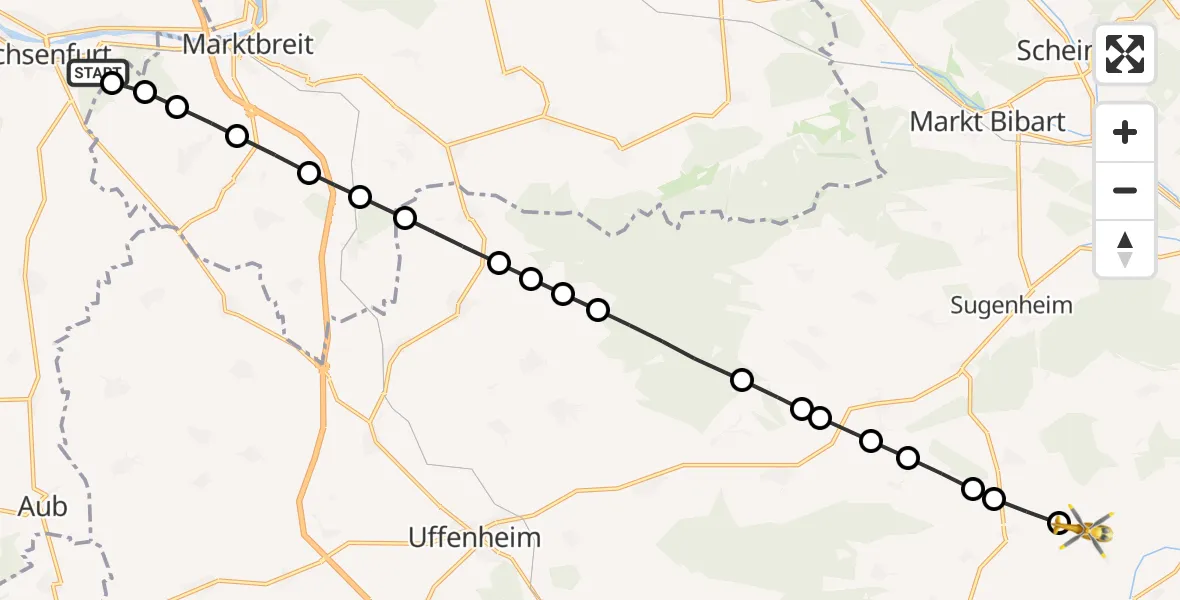 Flugroute Rettungshubschrauber Ochsenfurt Hospital - Kaubenheim, 12 März 2026, 15:34