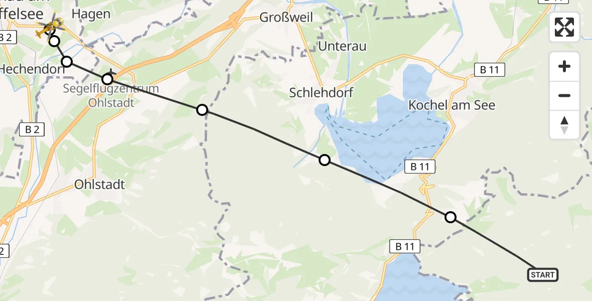 Routekaart van de vlucht: Rettungshubschrauber nach Murnau Accident Hospital