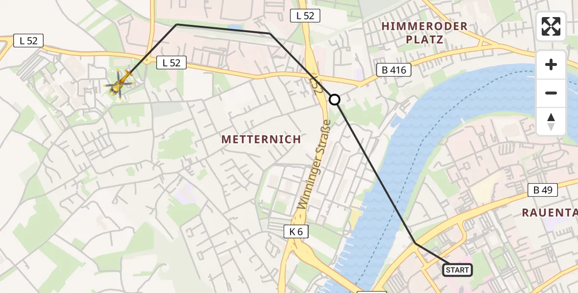 Flugroute Rettungshubschrauber Catholic Clinic Marienhof Koblenz Heliport - Koblenz, 12 März 2026, 15:43