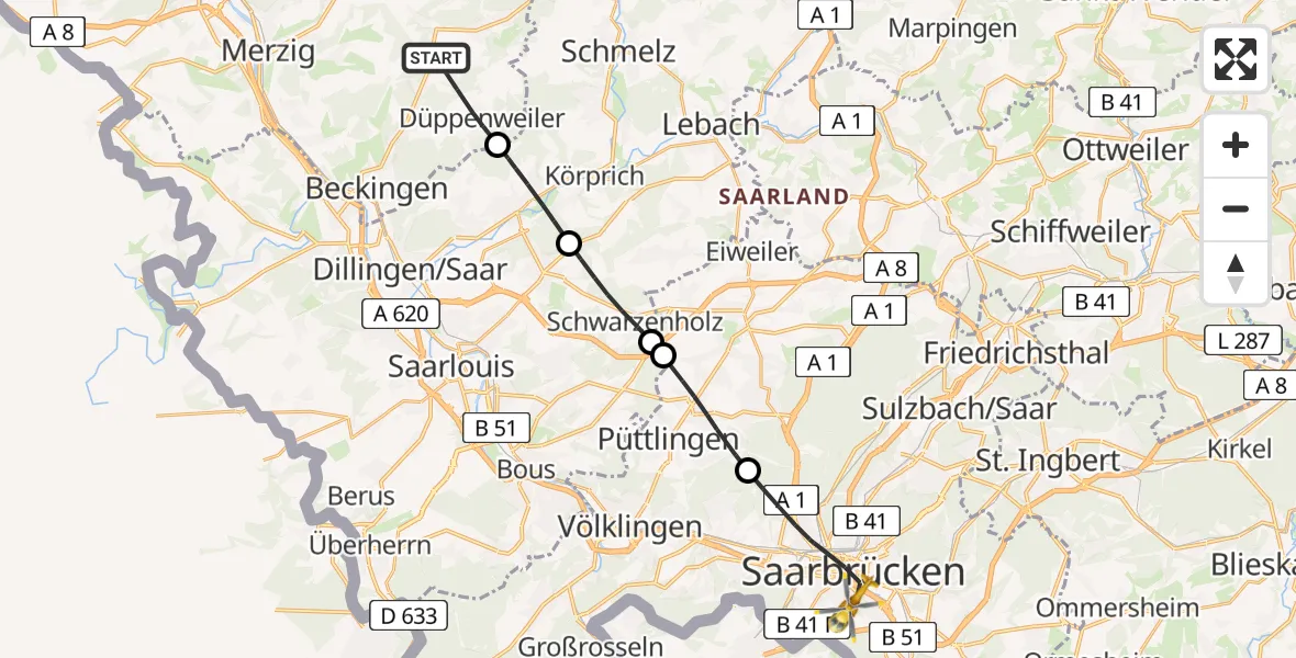 Flugroute Rettungshubschrauber Beckingen - Saarbrücken, 12 März 2026, 15:43