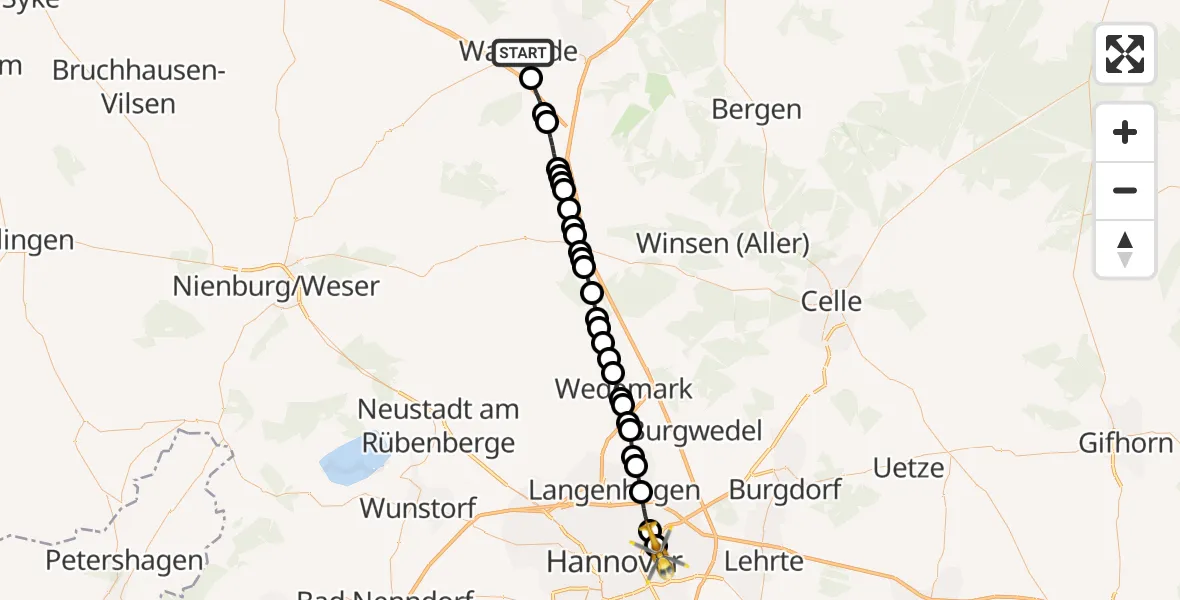 Flugroute Rettungshubschrauber Walsrode - Hannover Air Rescue Heliport (Christoph 4), 12 März 2026, 15:50