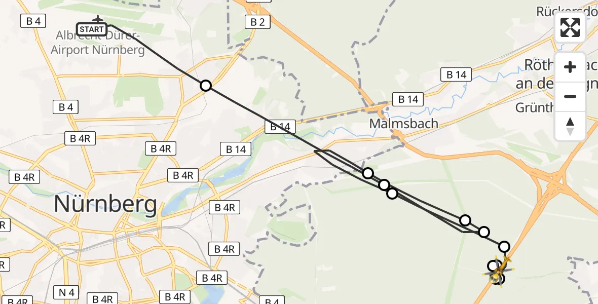 Flugroute Rettungshubschrauber Nuremberg Airport - Brunn, 12 März 2026, 15:57