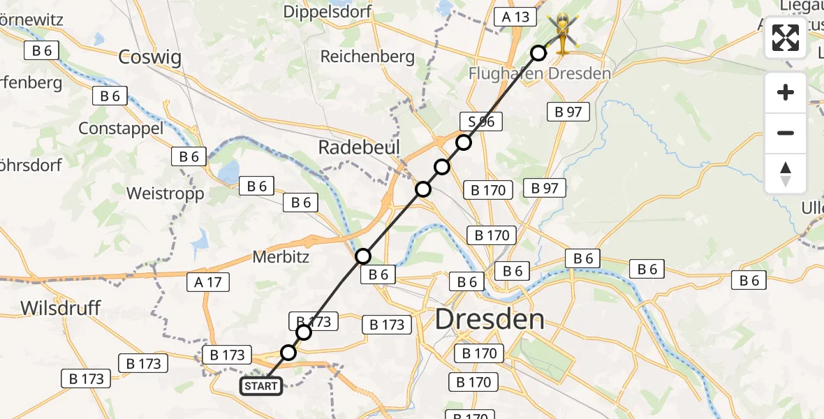 Routekaart van de vlucht: Rettungshubschrauber nach Dresden Federal Police Heliport