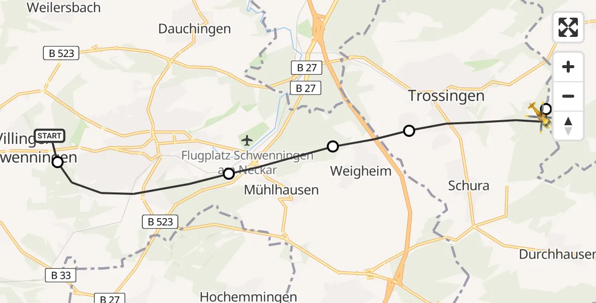Flugroute Rettungshubschrauber DRF Air Rescue Station Villingen-Schwenningen Heliport (Christoph 11) - Trossingen, 12 März 2026, 16:11
