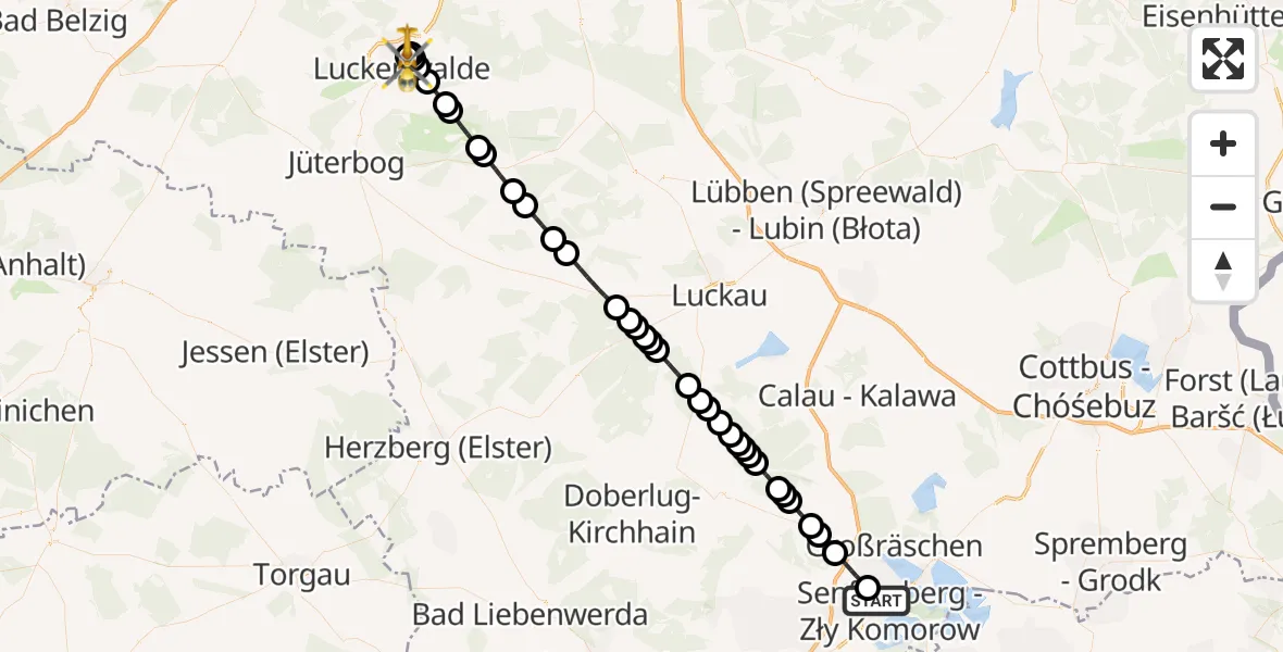 Flugroute Ambulanzhubschrauber Senftenberg - KMG Hospital Luckenwalde, 12 März 2026, 16:11