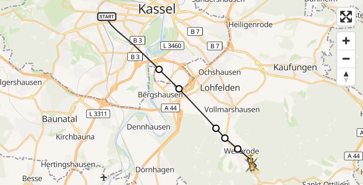 Flugroute Rettungshubschrauber Kassel - Wellerode, 12 März 2026, 16:15