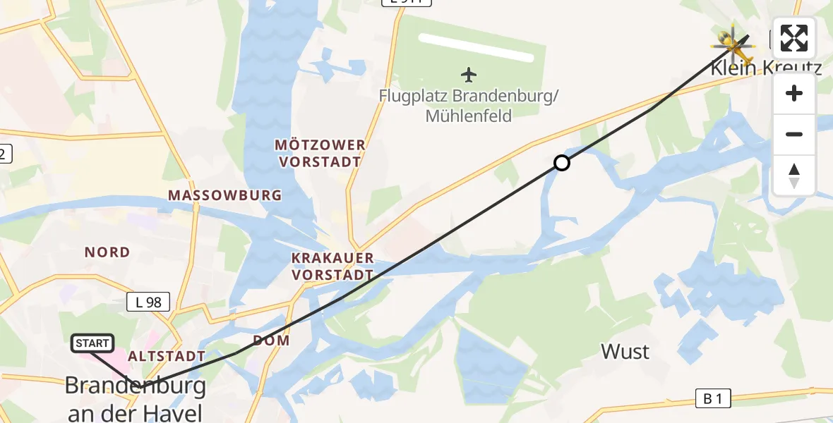 Flugroute Rettungshubschrauber Brandenburg an der Havel - Klein Kreutz/Saaringen, 12 März 2026, 16:25