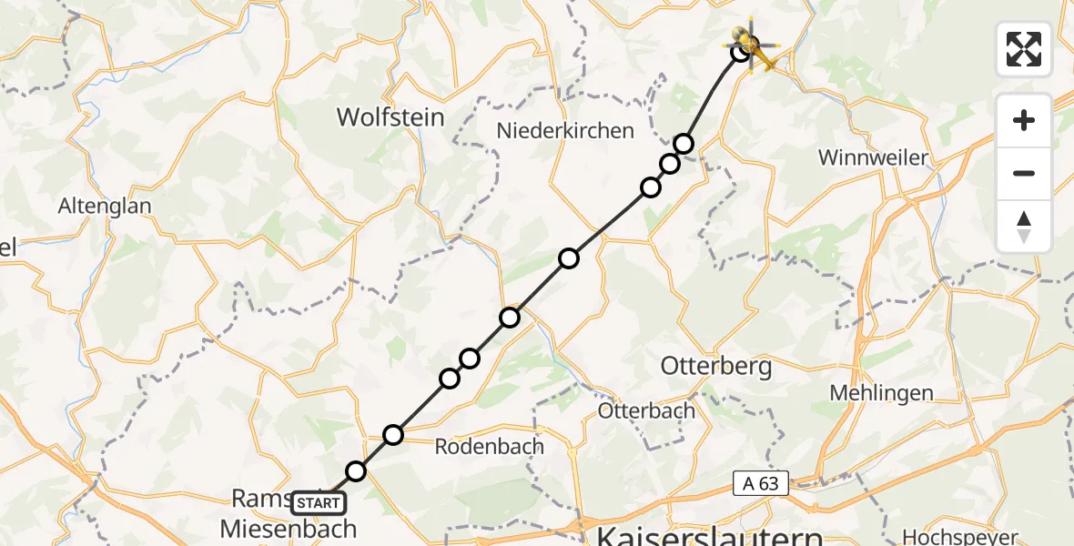 Flugroute Rettungshubschrauber Ramstein-Miesenbach - Imsweiler UL, 12 März 2026, 16:25