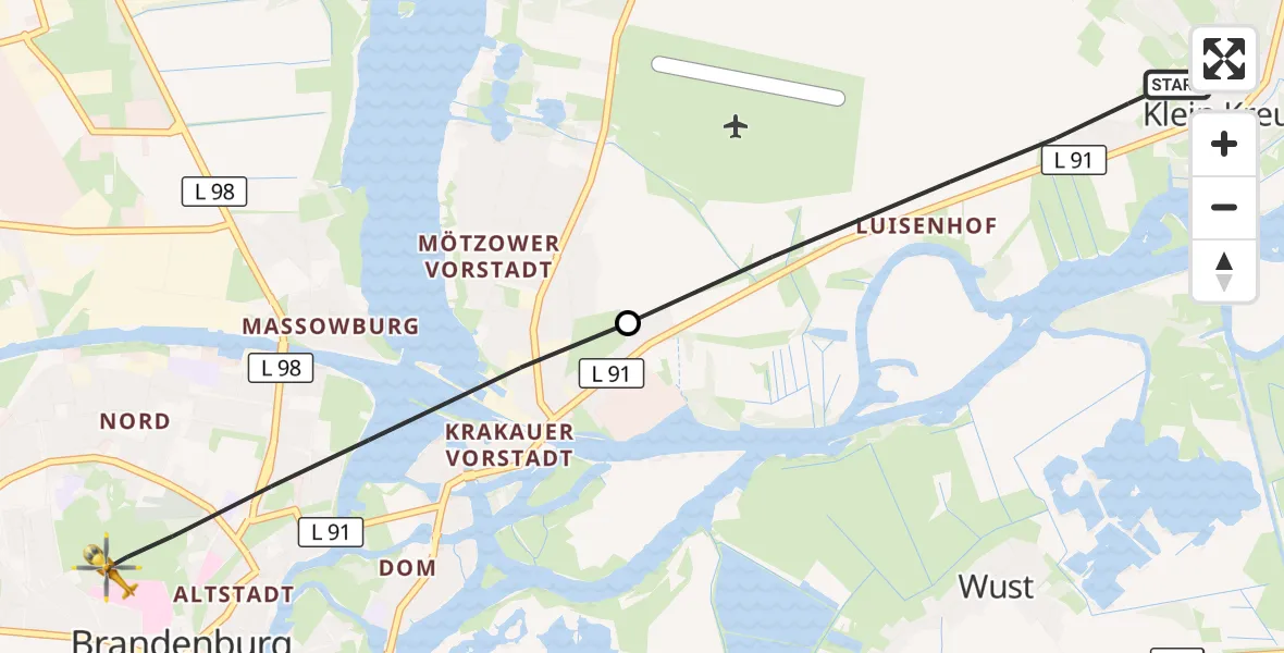 Flugroute Rettungshubschrauber Klein Kreutz/Saaringen - Brandenburg an der Havel, 12 März 2026, 16:38