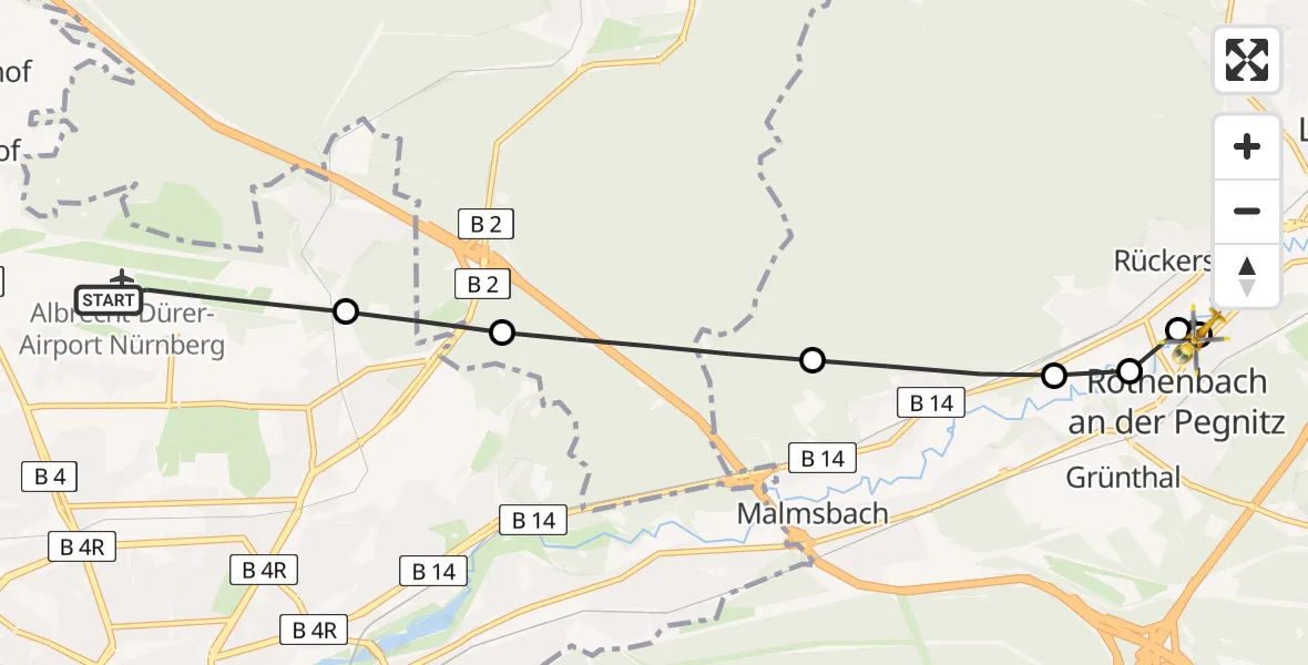 Flugroute Rettungshubschrauber Nuremberg Airport - Steinberg, 12 März 2026, 16:54