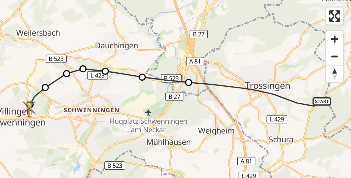 Flugroute Rettungshubschrauber Trossingen - DRF Air Rescue Station Villingen-Schwenningen Heliport (Christoph 11), 12 März 2026, 16:55