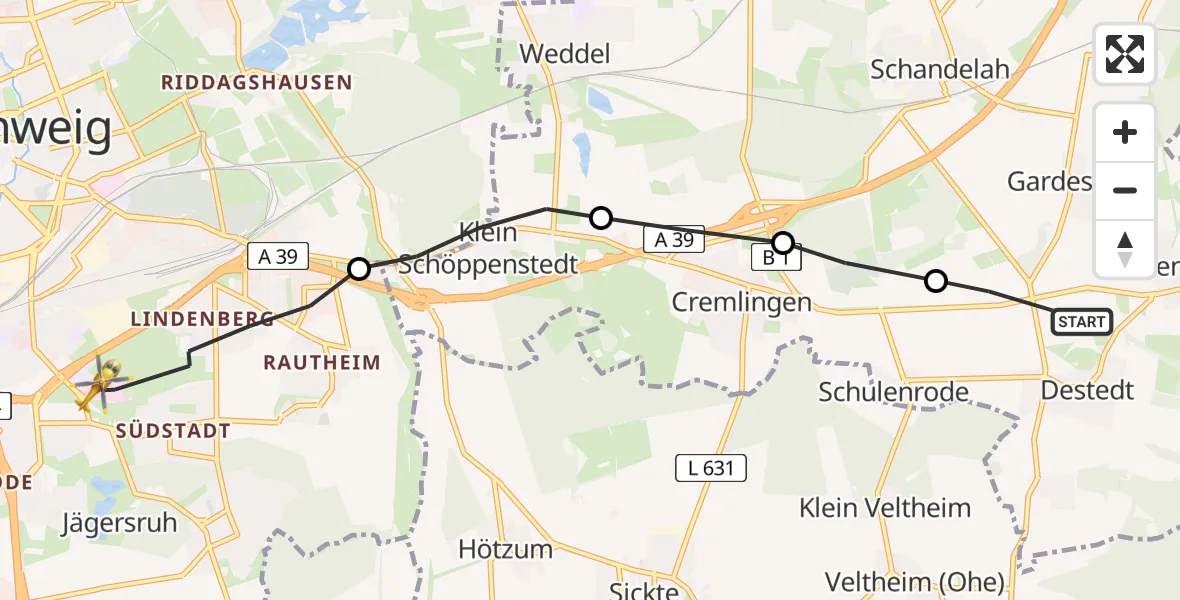 Flugroute Rettungshubschrauber Destedt - Südstadt-Rautheim-Mascherode, 12 März 2026, 17:09