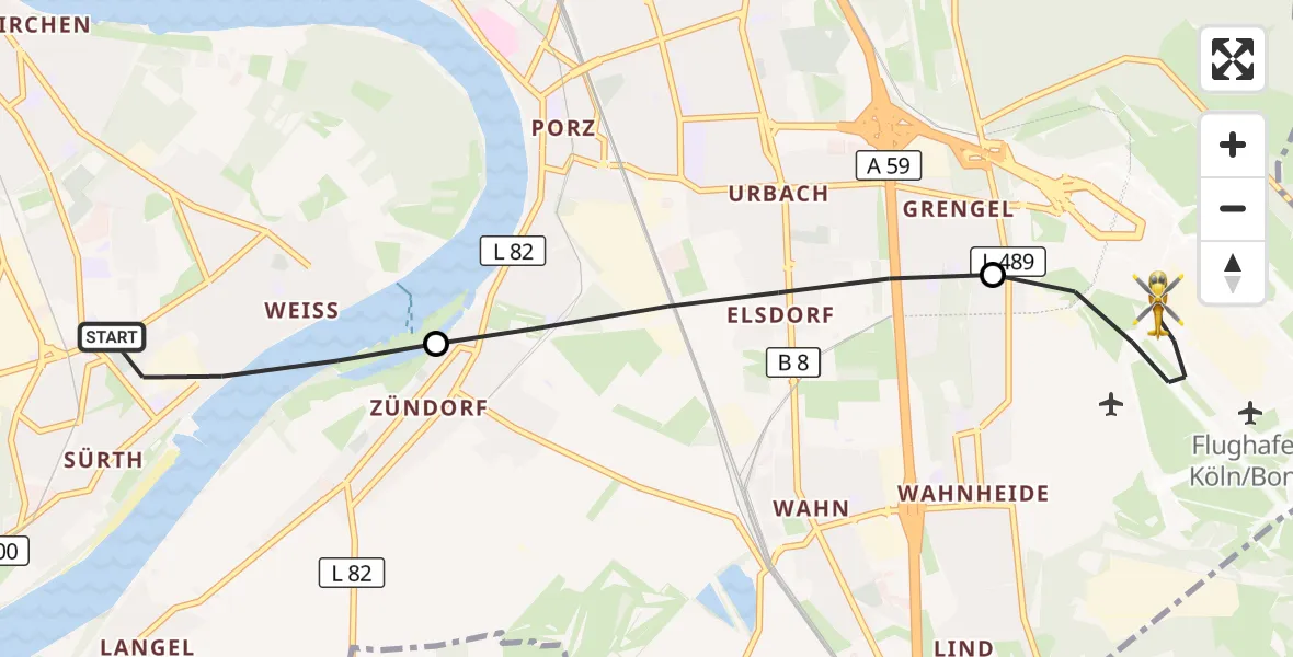 Flugroute Rettungshubschrauber Rodenkirchen - Cologne Bonn Airport, 12 März 2026, 17:15