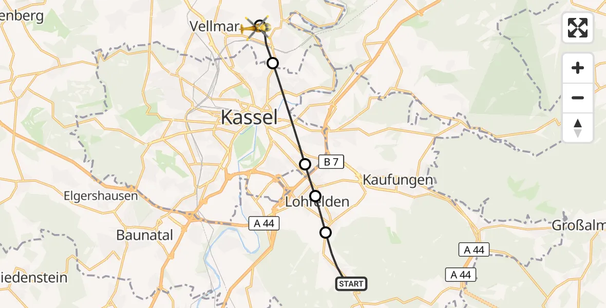 Flugroute Rettungshubschrauber Wellerode - Fuldatal Federal Police Heliport, 12 März 2026, 17:15
