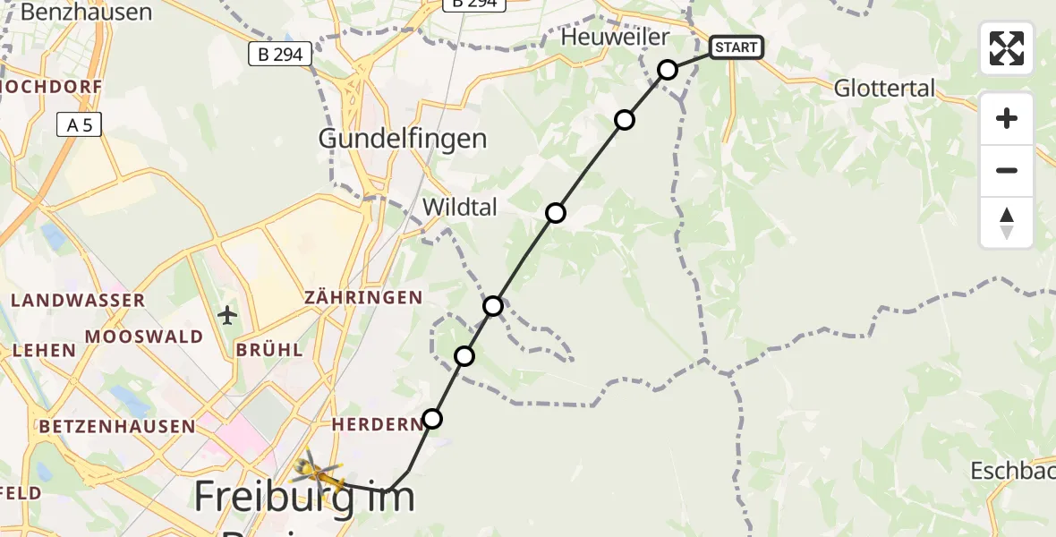 Flugroute Rettungshubschrauber Unterglottertal - Freiburg im Breisgau, 12 März 2026, 17:18
