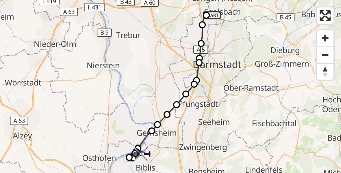 Flugroute Polizeihubschrauber Frankfurt-Egelsbach Airport - Groß-Rohrheim, 12 März 2026, 17:23