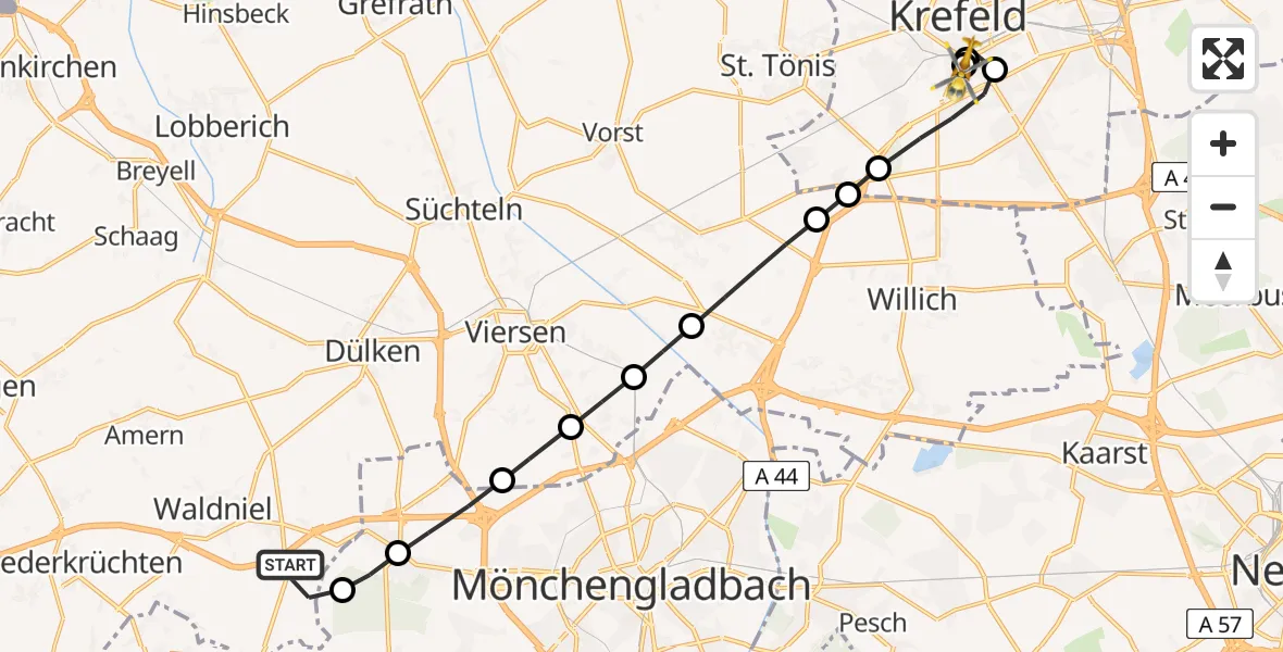Flugroute Rettungshubschrauber Waldniel - Helios Clinic Krefeld, 12 März 2026, 17:28