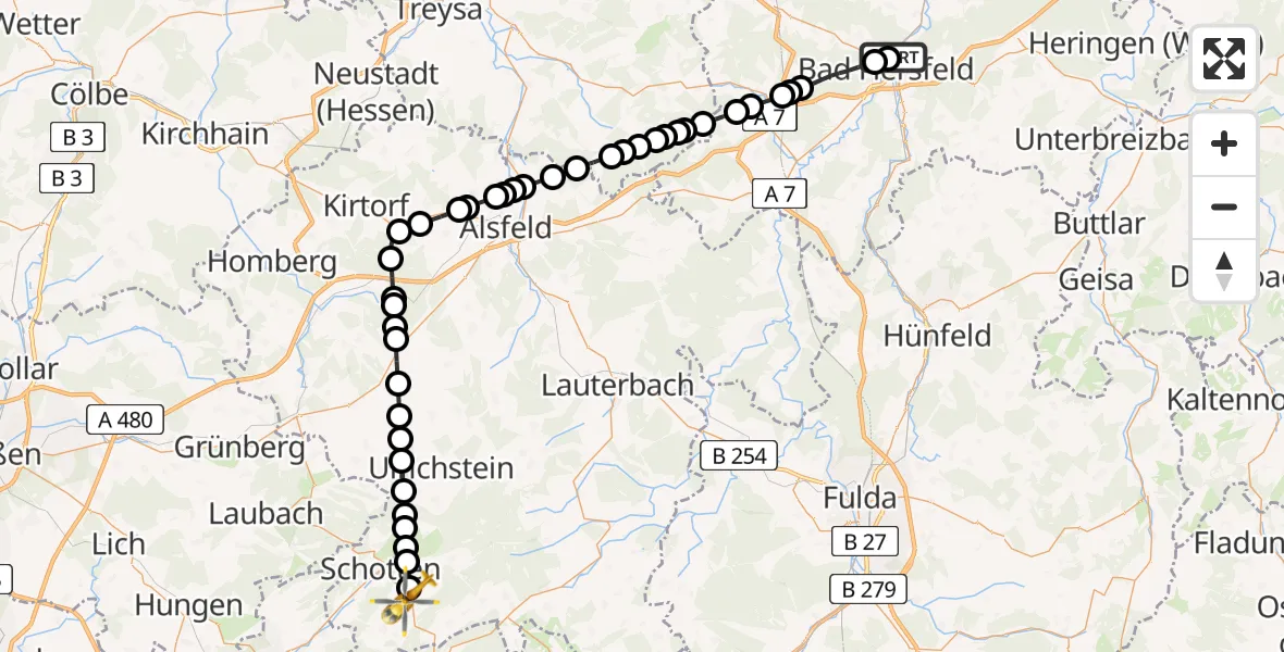 Flugroute Rettungshubschrauber Bad Hersfeld Hospital - Eschenrod, 12 März 2026, 17:33