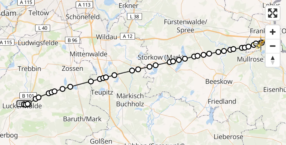 Flugroute Ambulanzhubschrauber KMG Hospital Luckenwalde - Frankfurt (Oder), 12 März 2026, 17:36