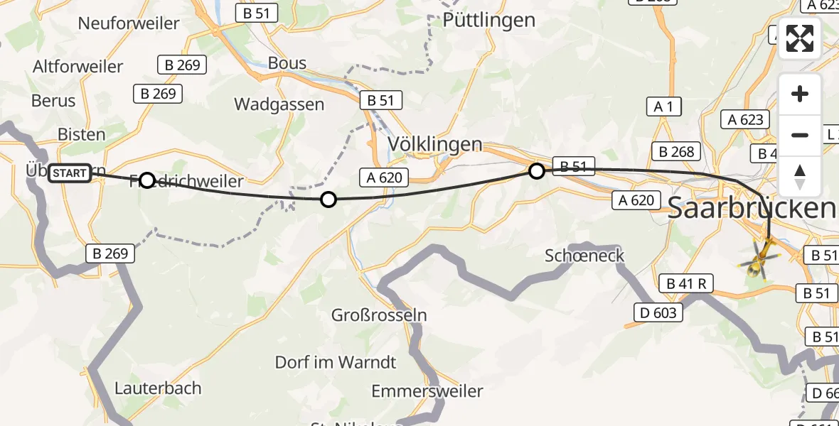 Flugroute Rettungshubschrauber Überherrn - Saarbrücken, 12 März 2026, 17:58