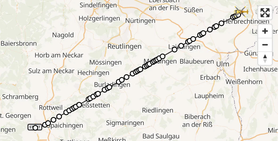 Flugroute Rettungshubschrauber DRF Air Rescue Station Villingen-Schwenningen Heliport (Christoph 11) - Heidenheim an der Brenz, 12 März 2026, 18:07