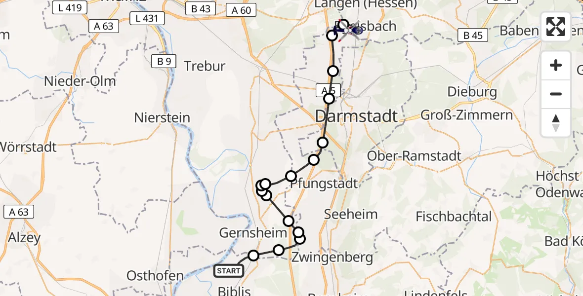 Flugroute Polizeihubschrauber Groß-Rohrheim - Frankfurt-Egelsbach Airport, 12 März 2026, 18:15