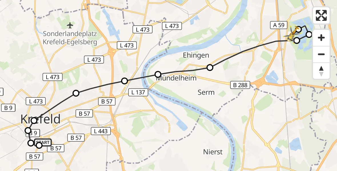 Flugroute Rettungshubschrauber Helios Clinic Krefeld - Duisburg Air Rescue Heliport (Christoph 9), 12 März 2026, 18:28