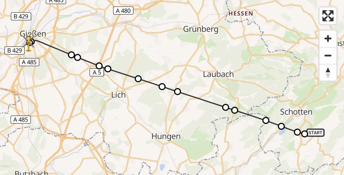 Flugroute Rettungshubschrauber Eschenrod - Gießen University Hospital, 12 März 2026, 18:28