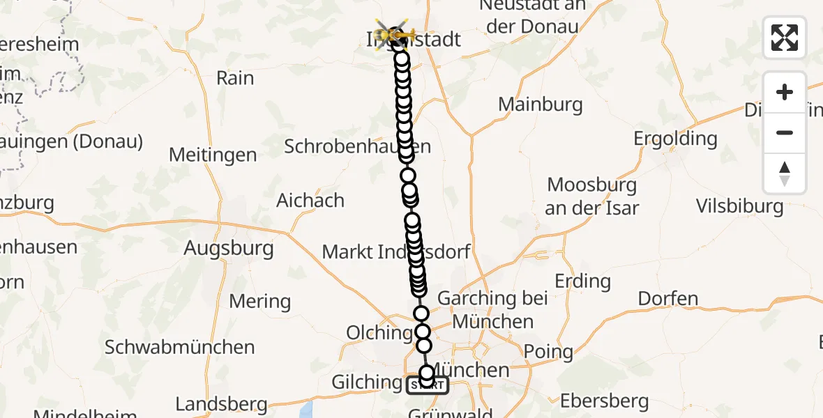 Flugroute Ambulanzhubschrauber DRF Air Rescue München Heliport - Ingolstadt Hospital, 12 März 2026, 18:58