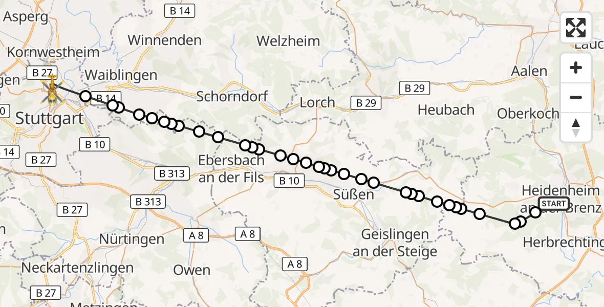 Flugroute Rettungshubschrauber Heidenheim an der Brenz - Stuttgart, 12 März 2026, 19:33