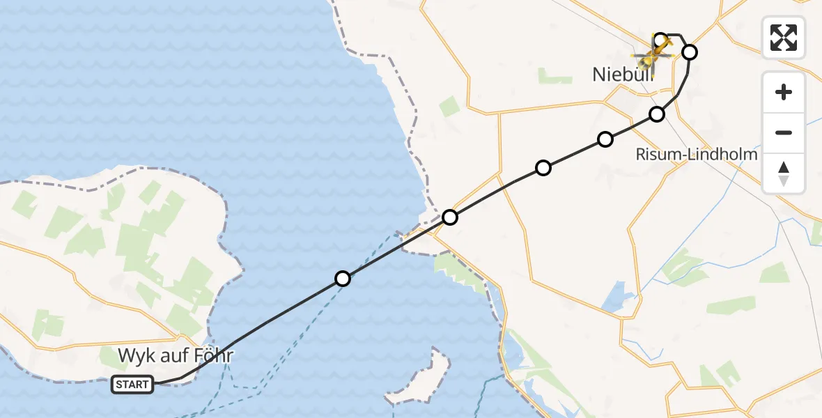 Flugroute Rettungshubschrauber Wyk auf Föhr - Niebüll, 12 März 2026, 19:35