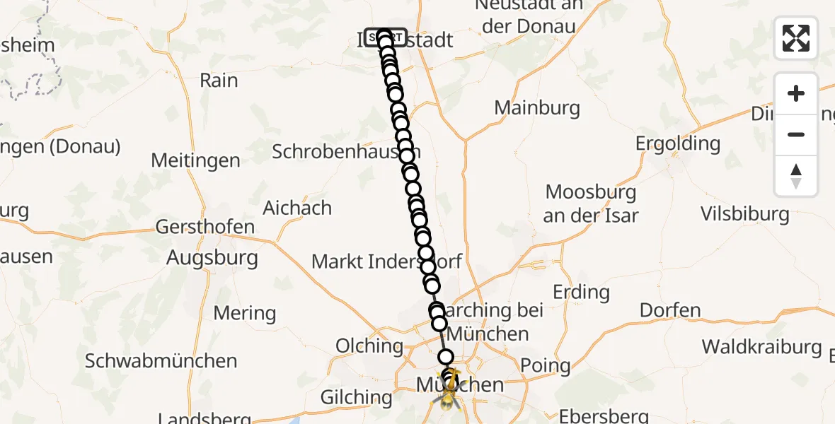 Flugroute Ambulanzhubschrauber Ingolstadt Hospital - Ludwigsvorstadt-Isarvorstadt, 12 März 2026, 20:35