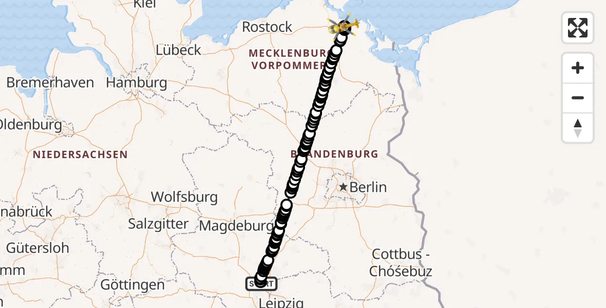 Flugroute Ambulanzhubschrauber Halle-Oppin Airfield - Greifswald Hospital, 12 März 2026, 20:36